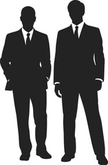 Two businessmen silhouettes standing confidently in suits, black vector illustration of professional male figures in corporate attire