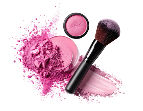 Pink blush makeup products open compacts, brush, powder mess, and swatch, on black