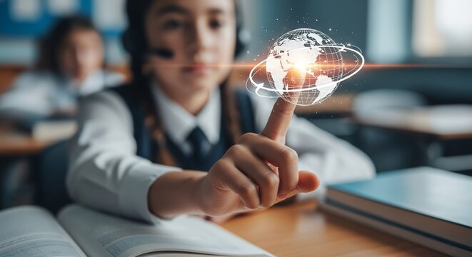 Young student engaging with a holographic global network in a modern classroom, symbolizing future education and digital connectivity