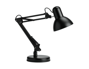 Sleek black desk lamp with articulated arm on a black background