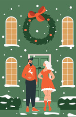 vector illustration in flat style. christmas card. happy couple amd building with christmas decoration.