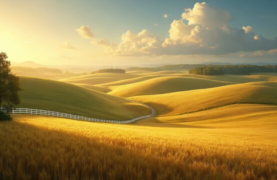 Rolling hills covered in wheat extend to horizon under cloudy sky. Winding fence cuts through fields. Scenery rural landscape on farmland in warm light at sunny summer day. Agriculture concept.