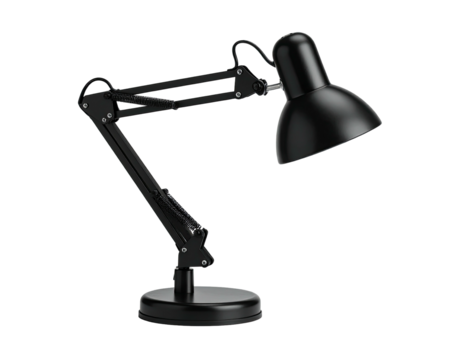 Sleek black desk lamp with articulated arm on a black background