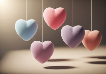 Pastel fuzzy hearts hanging, soft light creates gentle loving atmosphere