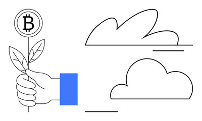 Hand grasping leafy stem topped with Bitcoin emblem, accompanied by minimalist clouds. Ideal for cryptocurrency, sustainability, blockchain growth, eco-finance, renewable energy investment, green