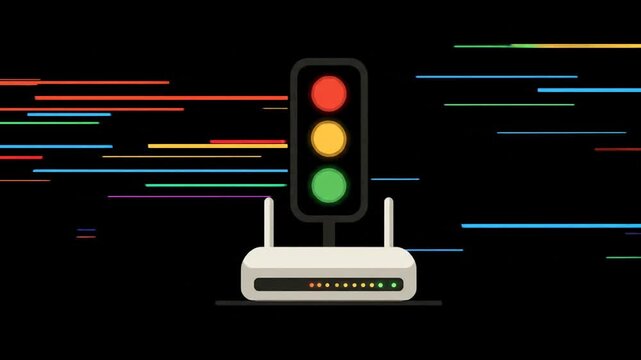 Traffic signal and router with colorful data streams on black background