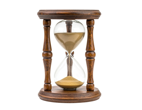 A classic wooden hourglass with sand flowing through clear glass bulbs