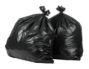 Two black, filled garbage bags are shown tied closed, set against white