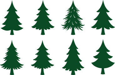 Collection of green pine tree silhouettes, evergreen forest design elements, natural Christmas tree illustration, winter nature vector art background graphic