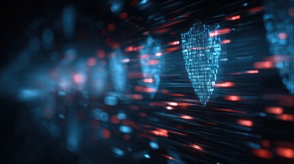 Futuristic digital shields symbolize cybersecurity and data protection amidst vibrant blue and red lights.