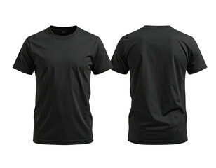 A front and back view of a plain, black, short-sleeved crewneck t-shirt
