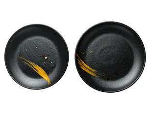 Two elegant black plates with gold brushstroke and speckles, on black background