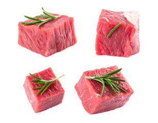 Four raw meat cubes, each garnished with a sprig of green herb, floating