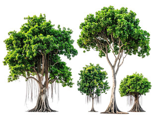 Four lush trees against a transparent background, varying heights