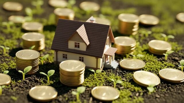 Property Investment: Miniature House and Gold Coins Growing from Soil and Small Green Plants.