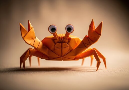 Orange origami crab with googly eyes standing playfully on a light surface