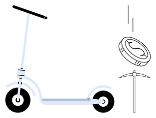 Electric scooter alongside cryptocurrency coin and pickaxe symbolizing eco-transport, digital assets, mining, and innovation. Ideal for technology, finance, sustainability, mobility, blockchain