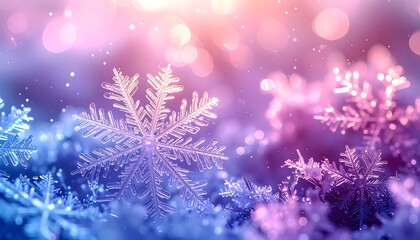Close-up of snowflakes with sparkling bokeh background, winter scene