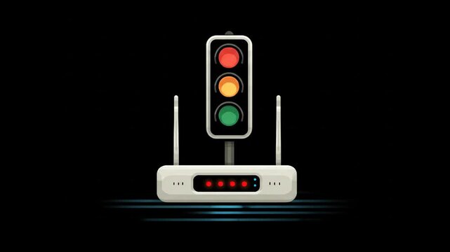 A traffic light sits atop a router, symbolizing network control