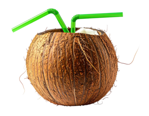 A coconut shell with two green straws; a refreshing tropical beverage