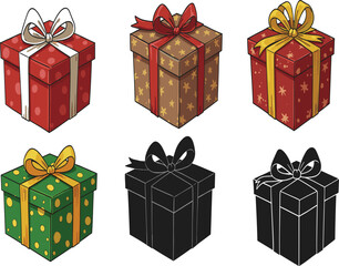 Colorful Christmas gift boxes with ribbons and bows, festive holiday presents illustration, decorative wrapped gifts, celebration vector design background