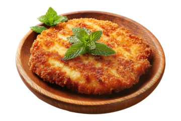 Milanesa breaded beef chicken schnitzel or cutlet with parsley garnish, isolated on white transparent background, concept of South American Cuisine