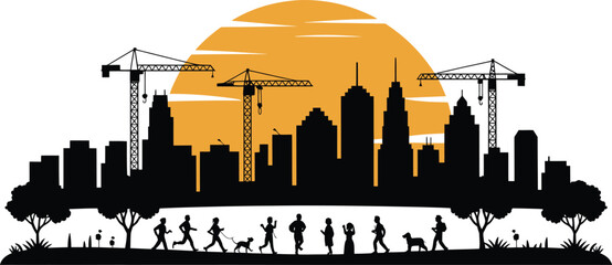 City Skyline Construction Site Silhouette People Walking Trees and Sunset Scenery