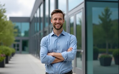 A smiling man stands confidently with arms crossed, posing in front of a modern glass building. The outdoor setting captures a professional and approachable vibe. High quality