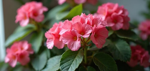 Obraz premium Vibrant pink begonia flowers bloom on green plant. Rich leaves surround bright petals. Beautiful houseplant thrives indoors, adding natural beauty to home decor. Fresh blossom brings joy, making