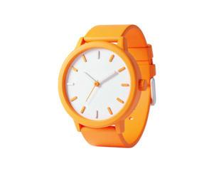 Bright orange wristwatch with white face, hands pointing to time, on black background