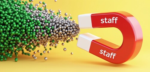 Red magnet with word staff attracts green and silver balls. Symbolizes staff pulling success, achieving goals. Teamwork drives positive outcomes, company growth.