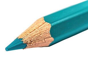 Close-up of a cyan-colored pencil's sharpened point with wood texture visible