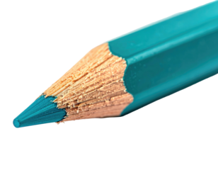Close-up of a cyan-colored pencil's sharpened point with wood texture visible