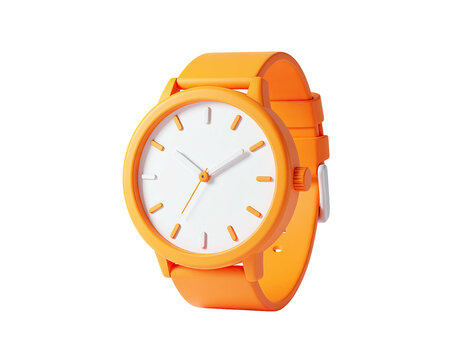 Bright orange wristwatch with white face, hands pointing to time, on black background