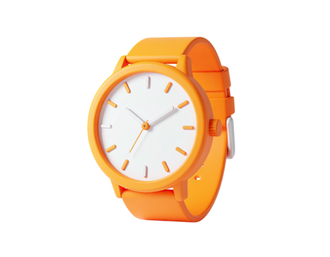 Bright orange wristwatch with white face, hands pointing to time, on black background