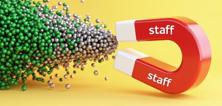 Red magnet with word staff attracts green and silver balls. Symbolizes staff pulling success, achieving goals. Teamwork drives positive outcomes, company growth.