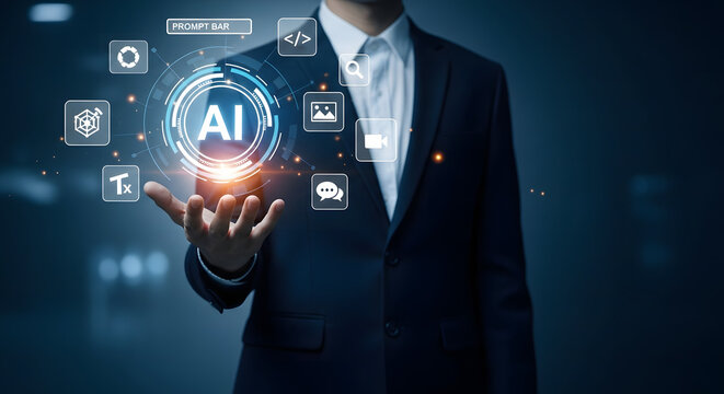 Businessman holding glowing ai interface with digital icons and futuristic technology - Powered by Adobe