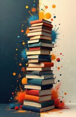 Tall stack of colorful hardcover books on dark and light backgrounds. Paint splashes of orange blue yellow create abstract artistic effect around piled up volumes.