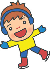 Illustration of Cute Boy Ice Skating in Winter Watercolor Hand Drawn Style