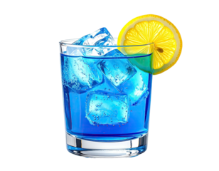A vibrant blue cocktail with ice cubes and a lemon slice garnish, on black