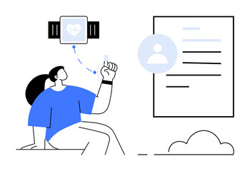 Woman interacts with a smartwatch transferring health data to a digital profile, representing fitness tracking, personal health management, and cloud data storage. Ideal for tech, health, well-being