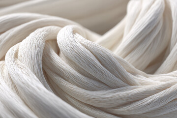 A close-up view of delicate white and cream colored threads bundled together showing soft natural texture and woven patterns in gentle curves and folds