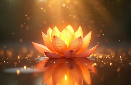 Glowing orange lotus flower floats on water surface. Bright petals with shining light and bokeh effect. Spiritual symbol zen concept for meditation and relaxation.