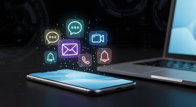 Digital communication icons emerge from smartphone screen near laptop
