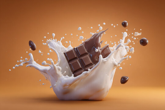 A dark chocolate bar dramatically splashes into creamy white milk creating an energetic cascade of liquid and flying chocolate pieces on a warm orange background