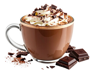 A glass mug of hot chocolate, whipped cream, chocolate chunks and shavings