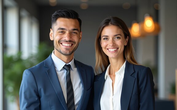 Team of two happy business partners man and woman standing in office looking at camera. Portrait of 2 company managers, corporate executive professionals, businessman and businesswoman at work.
