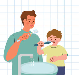 Daily hygiene routine with happy family brushing teeth together