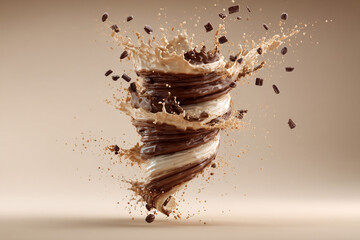 Fototapeta premium A delicious swirling blend of chocolate and cream liquids with dynamic splashes and flying chocolate pieces on a soft background a delightful dessert concept
