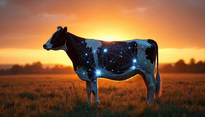 Digital image of cow with glowing network overlay in field at sunset. Concept of farm tech agriculture innovation and digital transformation. Modern AI farming future